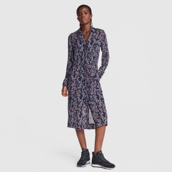 Rag & Bone Field Floral Print Georgette Midi Shirt Dress Size 8 Long Sleeve - Picture 1 of 10